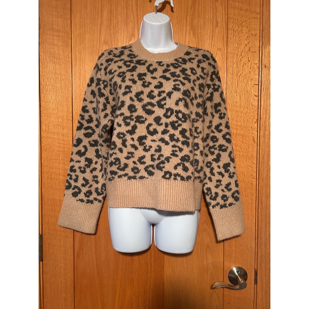 Abercrombie & Fitch Leopard Print Crewneck Cozy Sweater Tan Black Wool Blend Sm